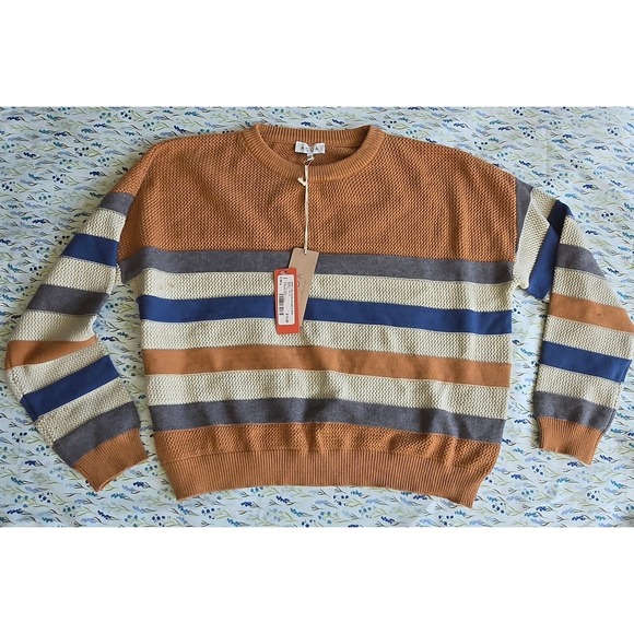 Acoa Sweaters - ACOA Striped Crew Neck Sweater Orange Blue Grey Cream Knit Long SleeveTopWomensL